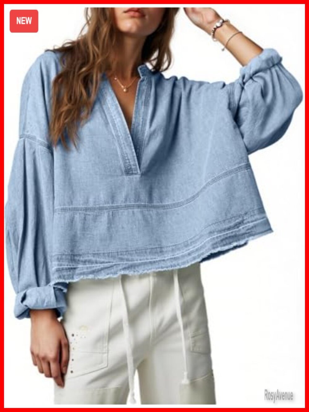 Women's Denim Top Puff Long Sleeve V-Neck Casual Jean Shirt